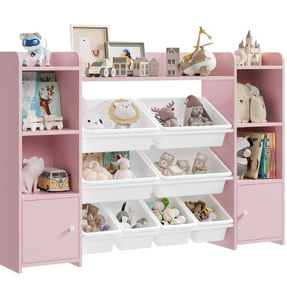 Speelgoedkast – Opbergkast – Kinderkast – Boekenkast – Opbergmeubel – Wit MDF – 138x94x29 cm – 8 Uittrekbare Bakken – Tip-Over Bescherming
