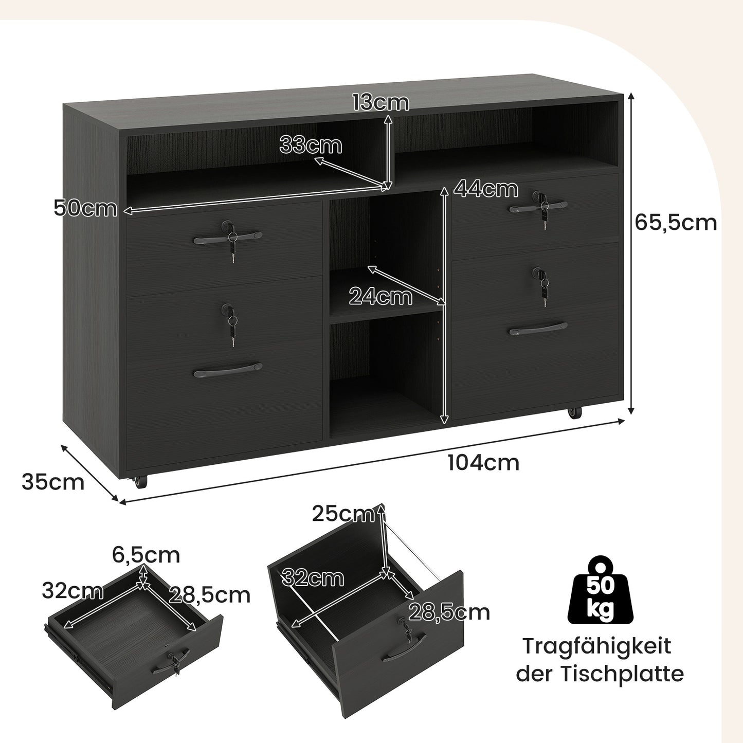 Mobiele Opberglade – Bureau Lades – Kantoor Kast – Werkplek Organizer – Lade met Slot Zwart – Verstelbare Plank – 2 Uittrekbare Lades