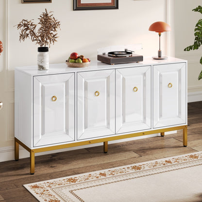 Dressoir – Sideboard – Opbergkast – Ladekast – Wandkast – Hoogglans Wit – Gouden Accenten – 140x80x40 cm – Ruime Opbergruimte