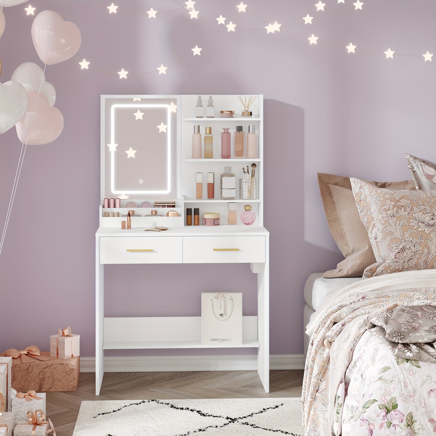 Kaptafel – Make-up tafel – Sieradendoos – Spiegelkast – Opbergmeubel – Wit – Verstelbare LED-verlichting – 2 Stopcontacten & 2 USB-poorten