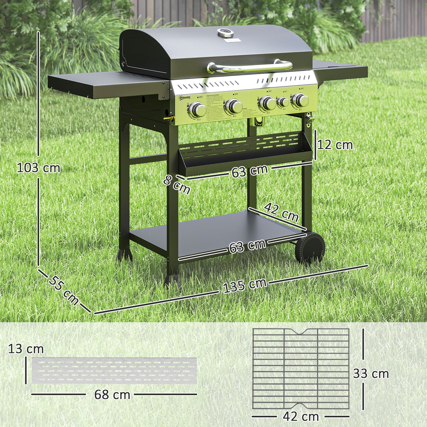 Gasbarbecue – Gas Grill – BBQ Grill – Buitenkeuken – Barbecue – Zwart – 4 Hoofdbranders – Zijbrander Met Warmhoudplaat