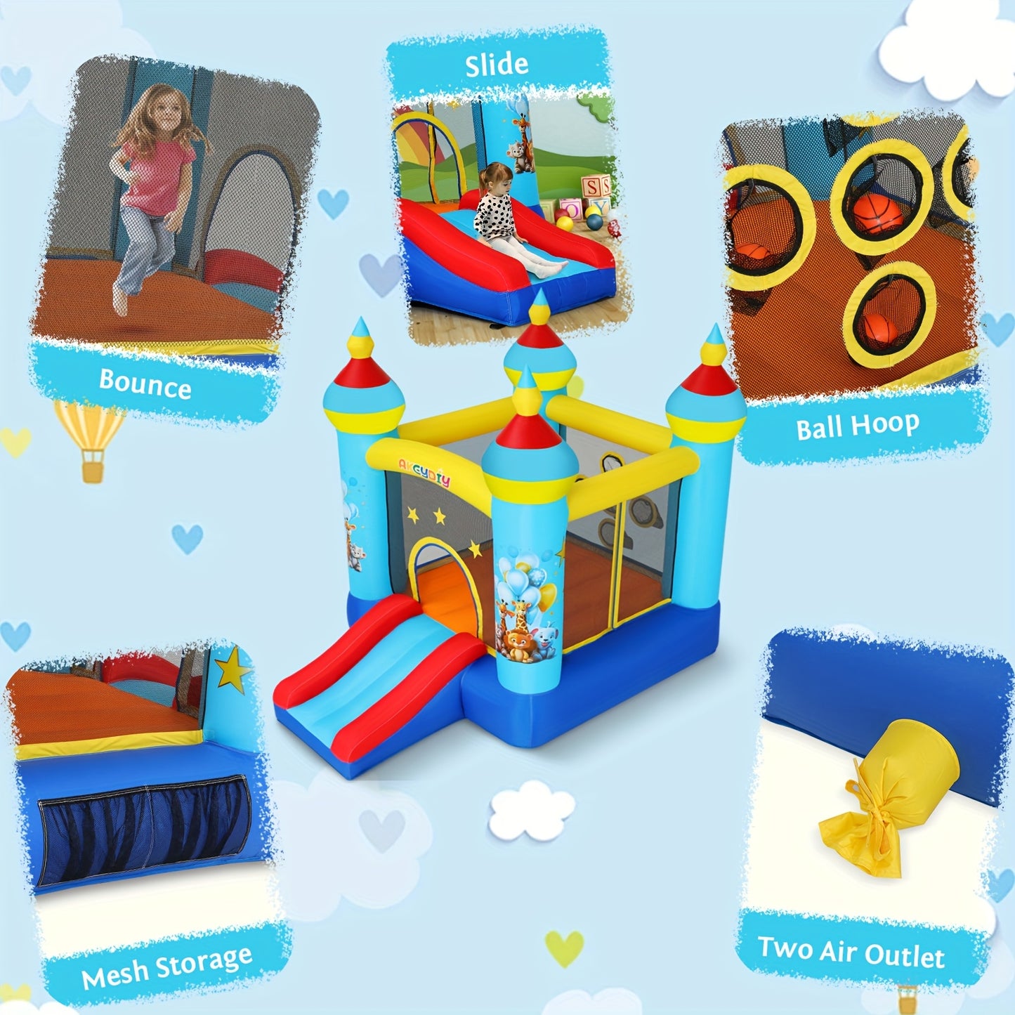 Springkasteel – Bouncy Castle – Opblaasbaar Speelhuis – Springkussen – Jumping Castle – Tropisch Jungle Design – Inclusief Elektrische Blaaspomp – Duurzaam Waterbestendig Materiaal