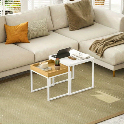 Salontafel Set – Koffietafel – Bijzettafel – Woonkamertafel – Hoektafel – White Oak Houten Blad – Stevig Stalen Frame – Draagkracht 30 kg – Weerbestendig Design
