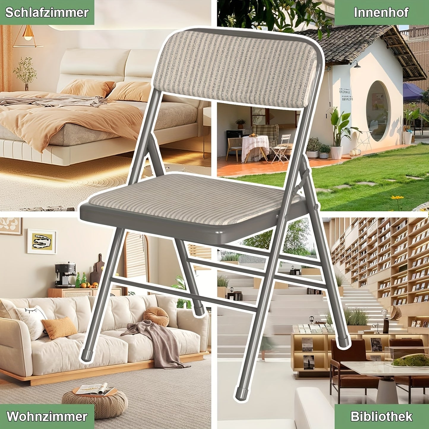 Opvouwbare Stoelen – Vouwstoelen – Campingstoelen – Tuinstoelen – Stoffen Stoelen – Set Van 4 – Gestreept Beige/Grijs – Stevig Metalen Frame – Comfortabele Bekleding