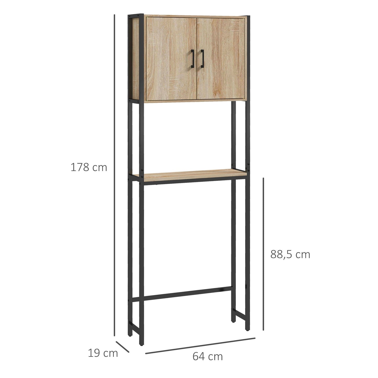 Toiletkast – Toiletmeubel – Wc-kast – Badkamerkast – Natuurlijk Hout – Industrieel Design – Compact 64x19x178 cm – Zwart Metaal & Licht Eiken