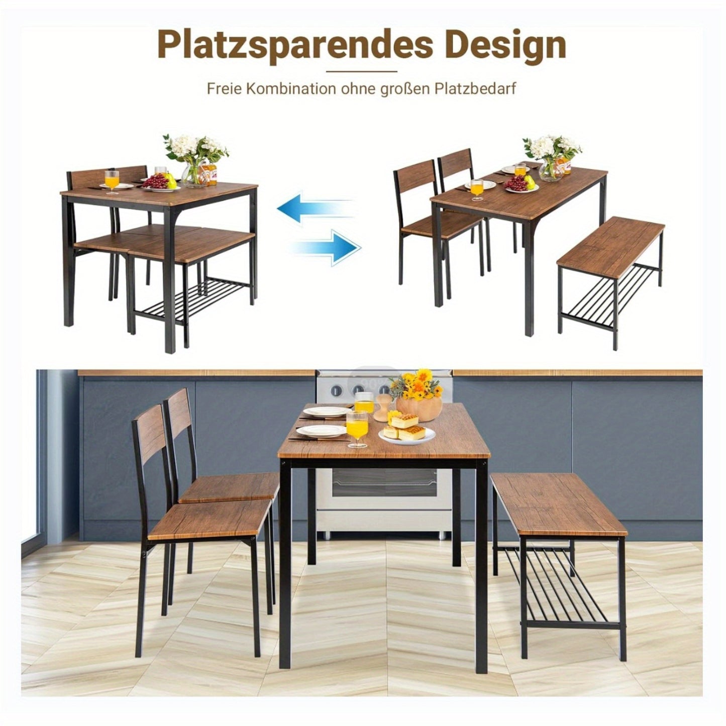 Eethoek 4 Personen – Eettafel Set – Eetkamerset – Tafel en Stoelen – Bank – Industrieel Design – Duurzaam MDF Hout – Ruime Opbergruimte