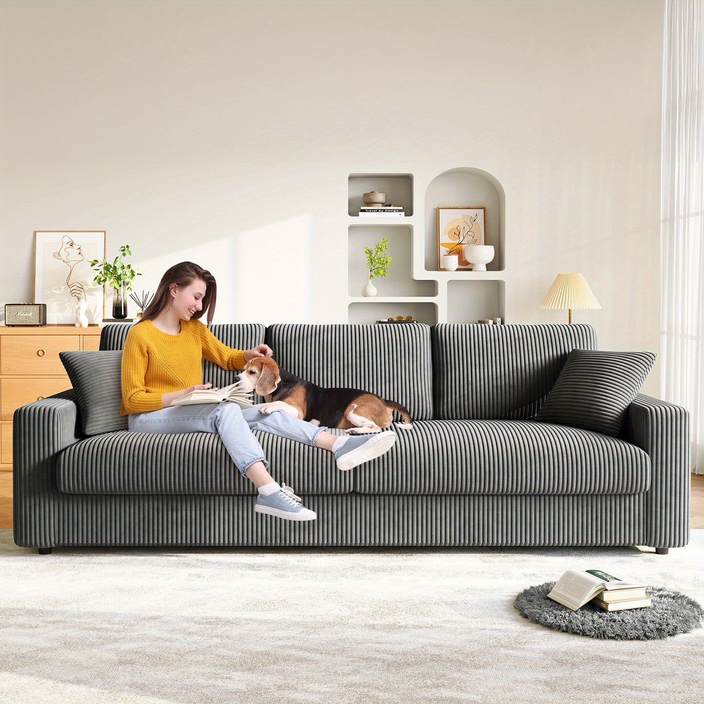 Hoekbank – Loungebank – 4-Zitsbank – Slaapbank – Sofa – 256 cm – Corduroy Bekleding – Inclusief 2 Kussens - Grijs