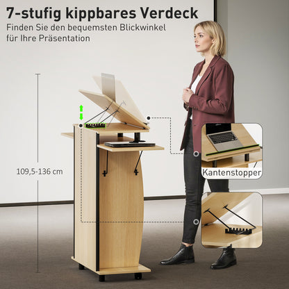 Mobiel Podium – Spreekgestoelte – Presenteertafel – Lecter – Werkplek – Eikenlook Afwerking – Inklapbare Zijpanelen – Lade en Opbergruimte