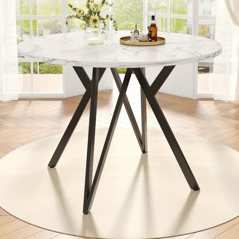 Ronde Eettafel – Tafel – Eetkamertafel – Keukentafel – Eettafel 4 Personen – MDF Marmeren Blad – Zwarte Metalen Poten – 100x100x76 cm – Klassiek Ontwerp – Geen Montage Nodig