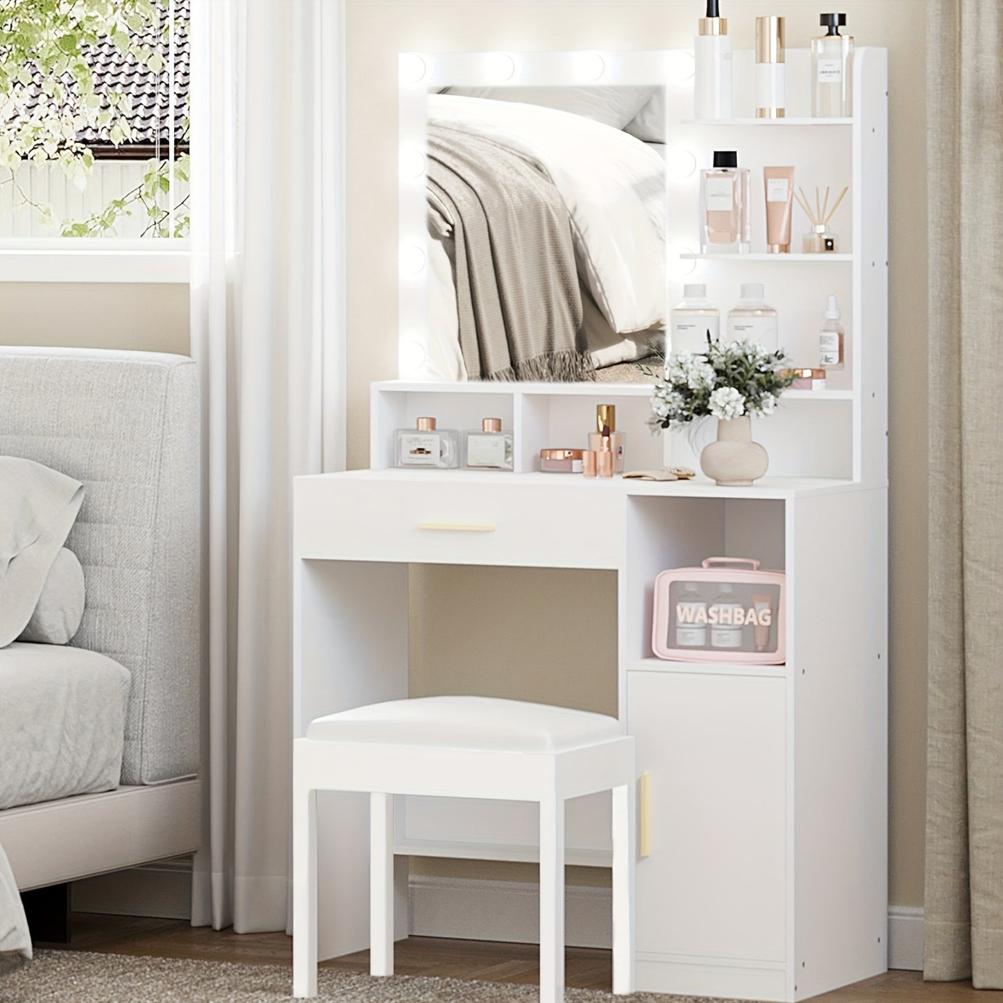 Make-up Tafel – Kaptafel – Schminktafel – Toilettafel – Vanity Unit – 10 LED Lampjes – 3 Instelbare Lichtstanden – 3 Planken & 4 Open Vakken – Grote Lade & Kastje – Wit MDF
