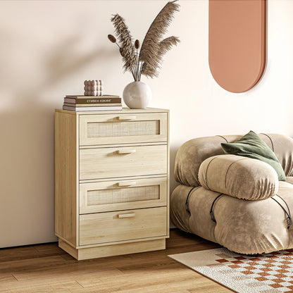 Ladekast – Ladenkast – Kommode – Opbergkast – Dressoir – Bohemian Stijl – Natuurlijk Hout & Rattan – 4 Lades – Compact 60x38x88,5 cm