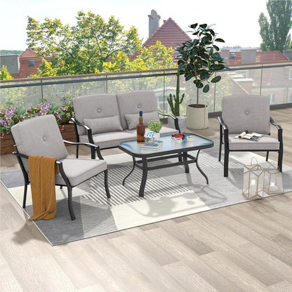 Tuinmeubelset – Loungeset – Tuinbank – Tuinstoelen – Salontafel – Zwart Metalen Frame – Comfortabele Grijze Kussens