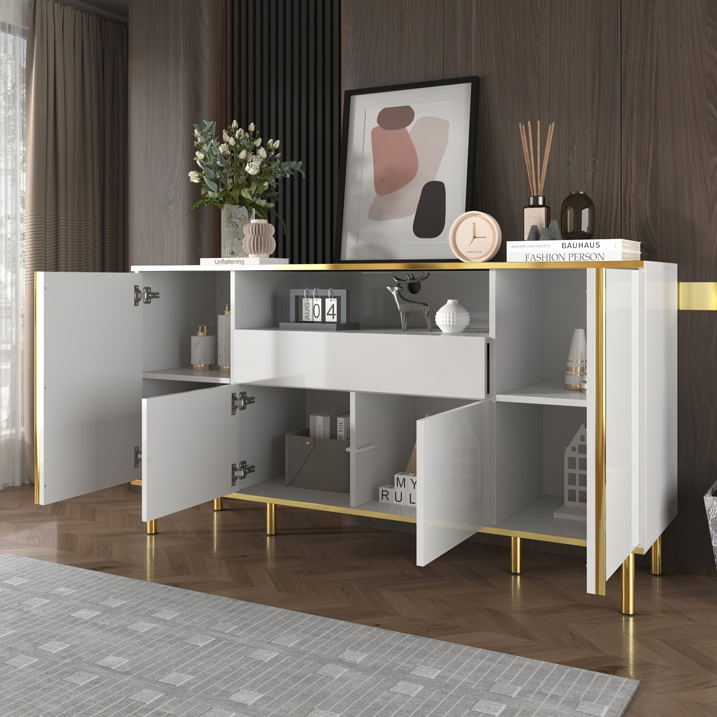 Sideboard, sideboard with four doors, one drawer and a large compartment, space-saving, bedroom chest of drawers, high-gloss sideboard, two colours to choose from, dimensions L150/W40/H80