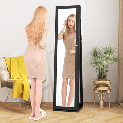 Sieradendoos – Juwelendoos – Sieradenkast – Sieraden Opberger – Sieradendoosje – Met Slot – Vrijstaand – Met Volledige Spiegel – MDF – Zwart – Luxe Opbergmeubel – Fluwelen Voering