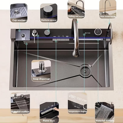 Keukenspoelbak – Spoelbak – Gootsteen – Wasbak – Enkele Kom – Grote Afmeting 68x45x22 cm – RVS Met Nano Coating – Onderbouw Met Rechts Afvoer – Gunmetal Grijs Met Watervalkraan