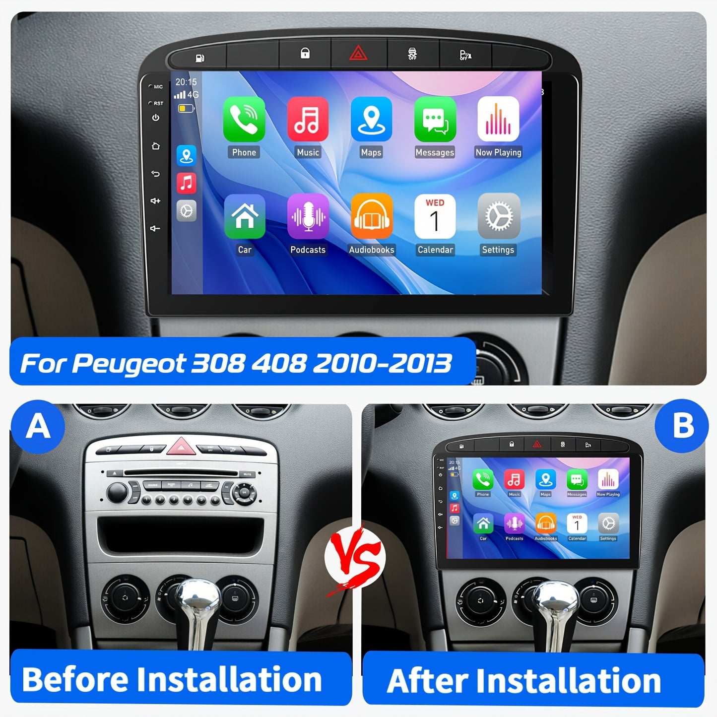 Android Autoradio – 2-DIN Head Unit – Multimedia Speler – CarPlayer – Radio Installatie – 9 Inch IPS Touchscreen – Draadloze Android Auto & Achteruitrijcamera Voor Peugeot 308 408 (2010-2013)