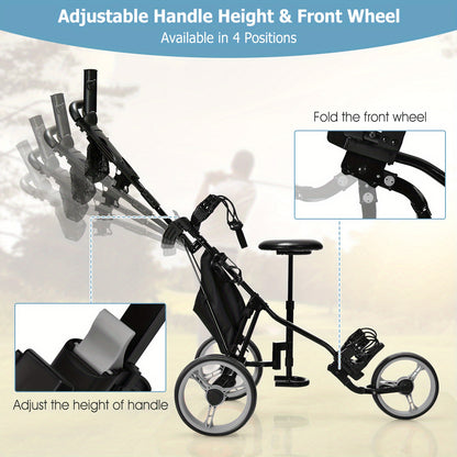 3-Wiel Golf Trolley – Golf Pushcart – Golfkar – Golfwagen – Golf Buggy – Verstelbare Zitting & Handgreep – Lichtgewicht PP Materiaal – Grijs