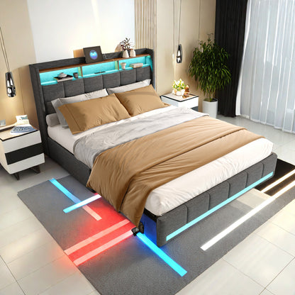 Bedframe 160x200 – Tweepersoonsbed – Gestoffeerd Bed – Opbergbed – Led Bed – Grijs – 4 Laden Opbergruimte – USB Oplaadpoort