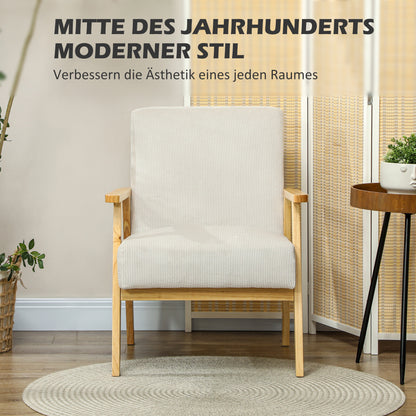 Fauteuil – Armstoel – Zetel – Lounge Chair – Relaxstoel – Modern Design – Corduroy Bekleding – Stevig Rubberwood Frame – Max 120 kg – Crème Wit