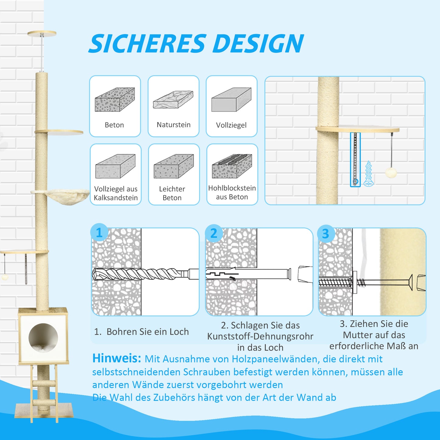 Krabpaal – Krabmeubel – Klimpaal – Kattenhuis – Hangmat – Lichtbruin en Beige – 260 cm Hoogte – Plafondbevestiging voor Extra Stabiliteit