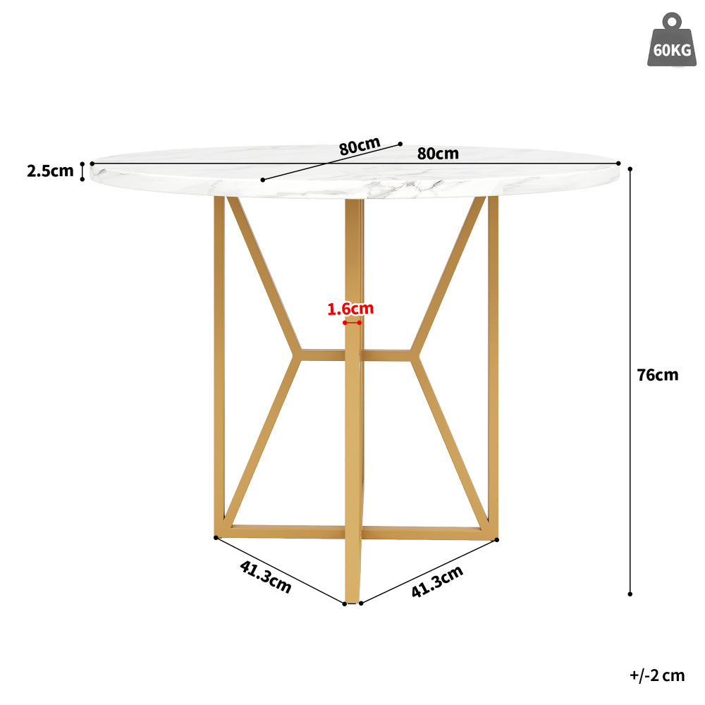 Ronde Eettafel – Tafeltje Rond – Ronde Tafel – Eetkamertafel Rond – Kleine Tafel – Luxe Marmerlook MDF Blad – Gouden Metalen Poot – 80x80x76 cm – Geschikt voor 4-6 Personen