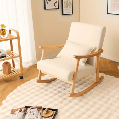 Schommelstoel – Rocking Chair – Schommelstoel met hoge rugleuning – Relaxstoel – Loungestoel – Beige variant – Stevig rubberhout frame – Zachte lendenkussen en ergonomisch ontwerp