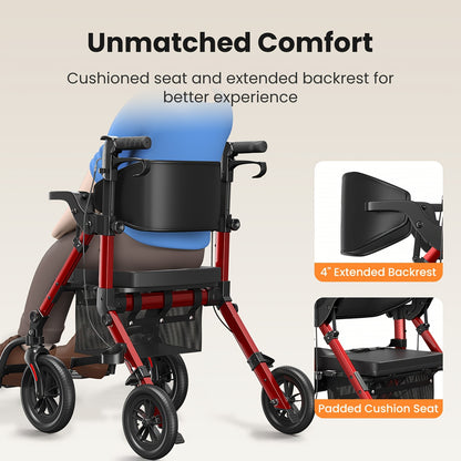 Rollator – Looprek – Rolstoelstoel – Mobiliteitshulpmiddel – Wandelwagen – 2-in-1 Opvouwbaar Lichtgewicht – Verstelbare Handgrepen Met Padded Zitting & Rugleuning, 136 kg Draagvermogen