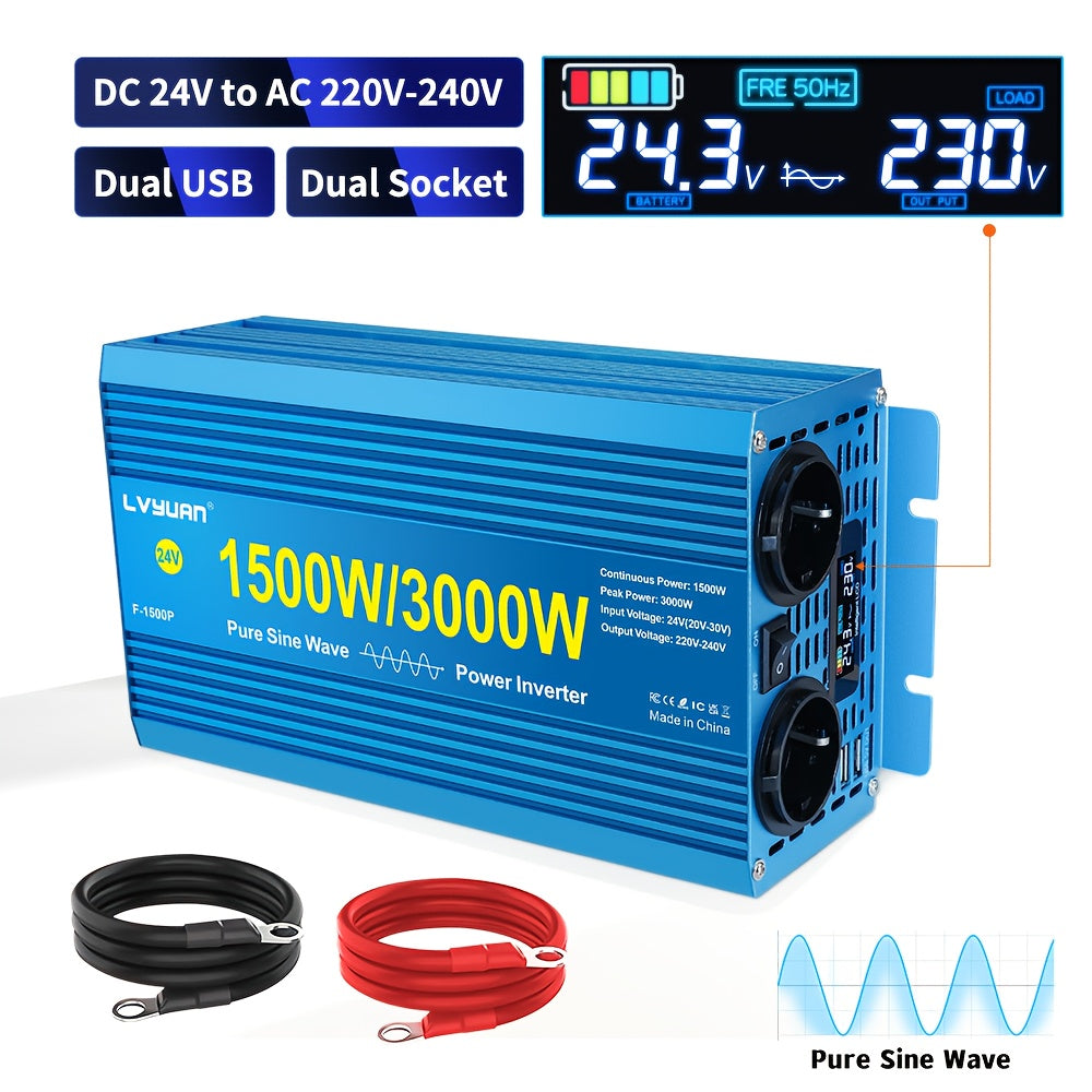 Omvormer – Spanningsomvormer – Inverter – Converter – 24V Variant – 1500W Continu Vermogen – Zuivere Sinusgolf Met LCD Display