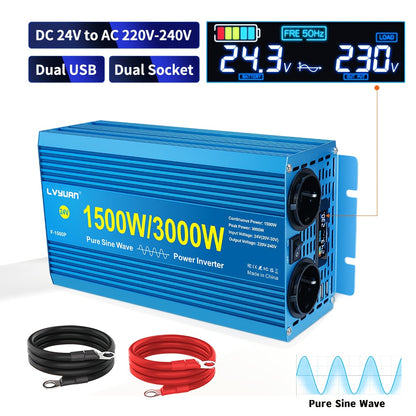 Omvormer – Spanningsomvormer – Inverter – Converter – 24V Variant – 1500W Continu Vermogen – Zuivere Sinusgolf Met LCD Display