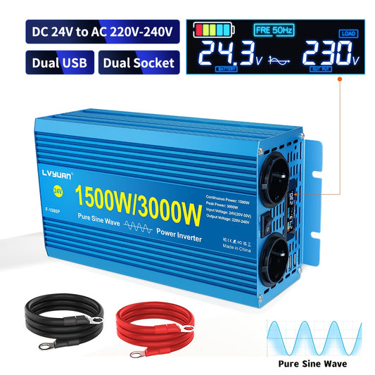 Omvormer – Spanningsomvormer – Inverter – Converter – 24V Variant – 1500W Continu Vermogen – Zuivere Sinusgolf Met LCD Display