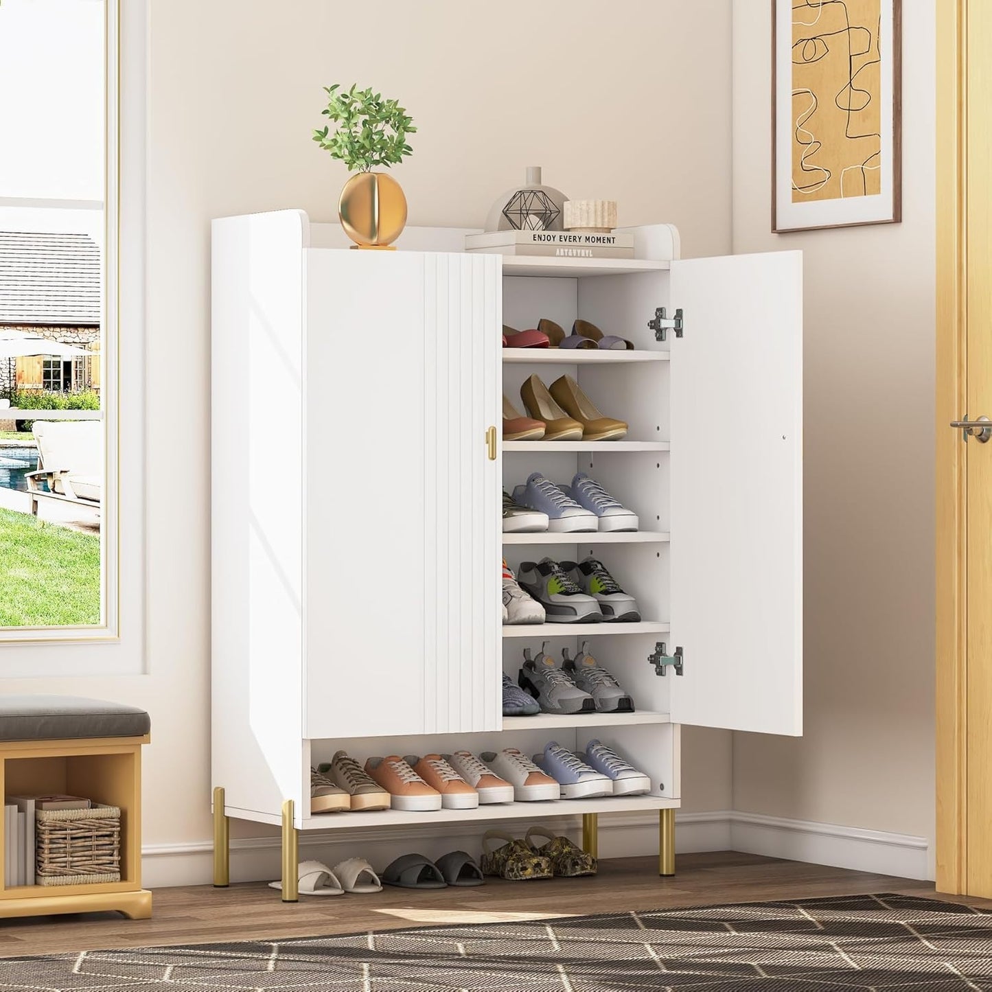 Schoenenkast – Schoenenrek – Opbergkast – Halmeubel – Schoenentoren – Wit – 6 Verstelbare Planken – Hout & Spaanplaat – 110 cm Hoog – Met Deuren