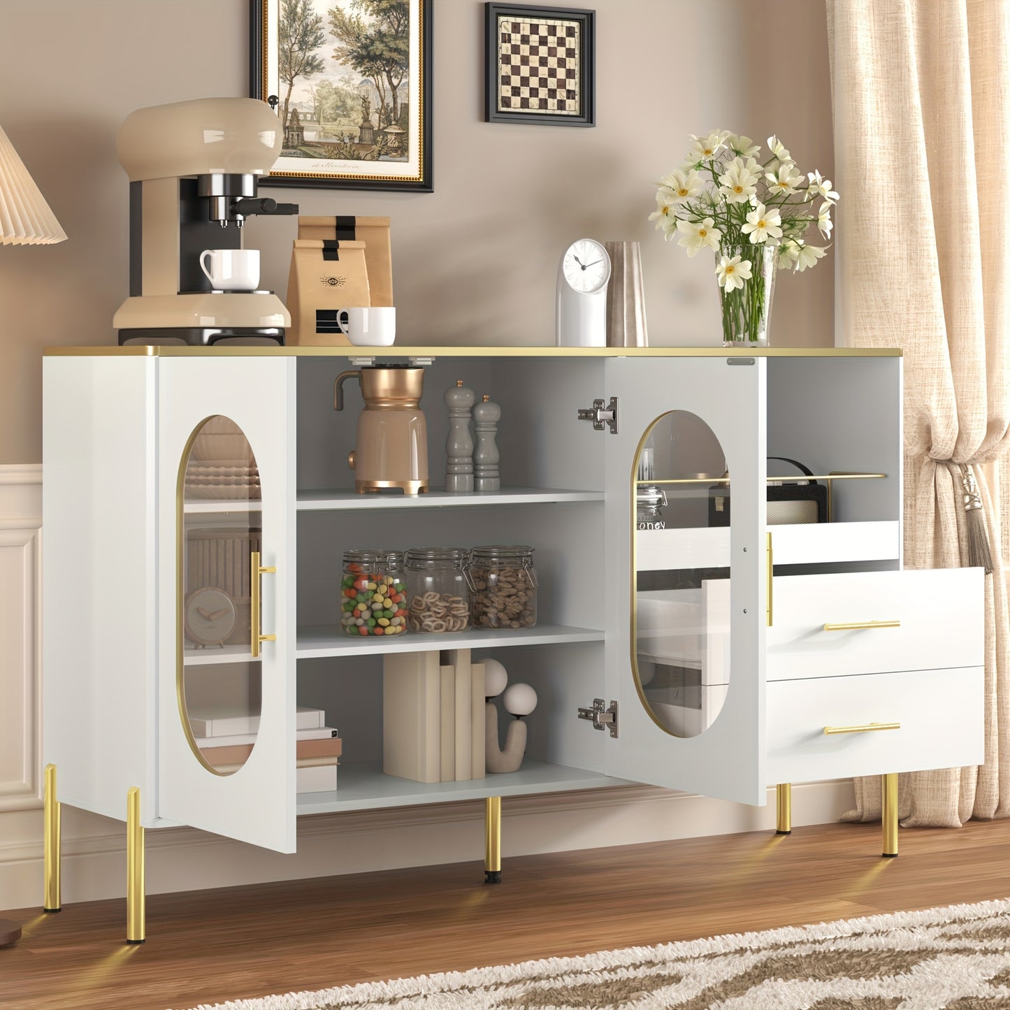 Wit Dressoirkastje – Opbergkast – Kastje – Bureaukast – Dressoir – 2 Lades & 2 Glazen Deurtjes – 3,2+ Kubieke Voet Opbergruimte – 68,5 cm Hoog – Vrijstaand – Gouden Accenten