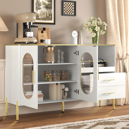 Wit Dressoirkastje – Opbergkast – Kastje – Bureaukast – Dressoir – 2 Lades & 2 Glazen Deurtjes – 3,2+ Kubieke Voet Opbergruimte – 68,5 cm Hoog – Vrijstaand – Gouden Accenten