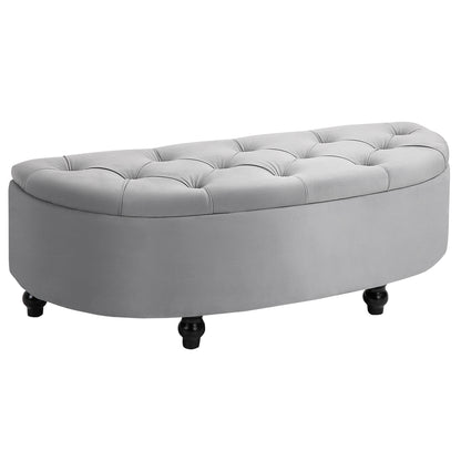 Poef – Opbergpoef – Hocker – Voetenbank – Bankje – Grijze Velvet Bekleding – Zwarte Rubberhouten Pootjes