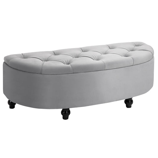 Poef – Opbergpoef – Hocker – Voetenbank – Bankje – Grijze Velvet Bekleding – Zwarte Rubberhouten Pootjes