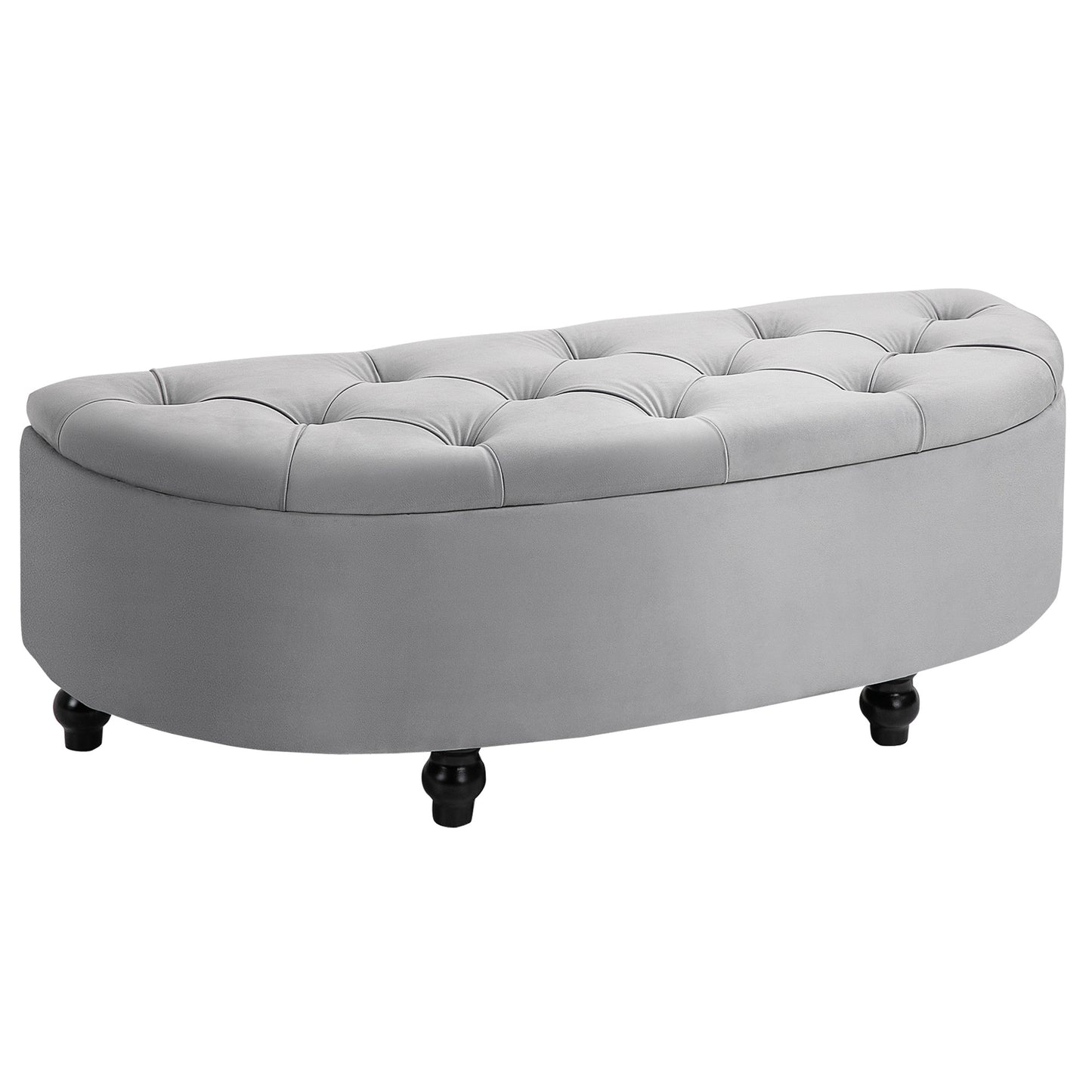 Poef – Opbergbank – Hocker – Voetenbank – Opbergpoef – Halfrond Design – Zacht Grijs Velvet – Zwarte Rubberhouten Pootjes