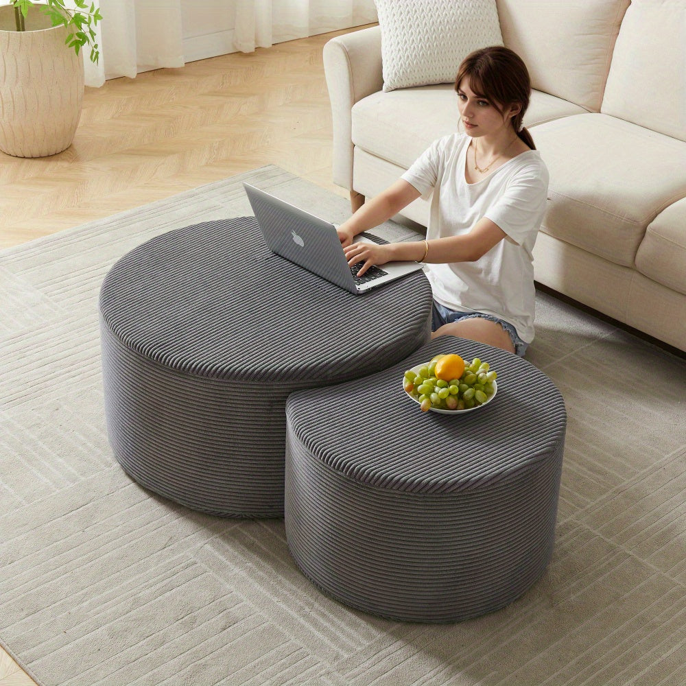 Salontafel – Bijzettafel – Koffietafel – Poef – Hocker – Ronde 2-delige set – Gestoffeerd met Zachte Foamvulling – Anti-slip Onderkant