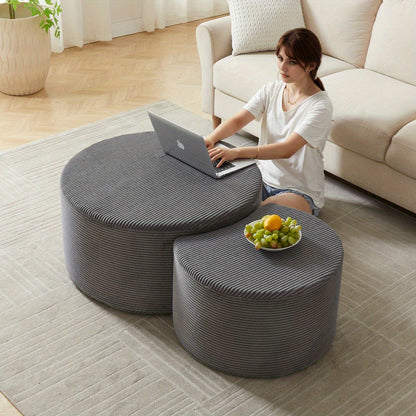 Salontafel – Bijzettafel – Koffietafel – Poef – Hocker – Ronde 2-delige set – Gestoffeerd met Zachte Foamvulling – Anti-slip Onderkant