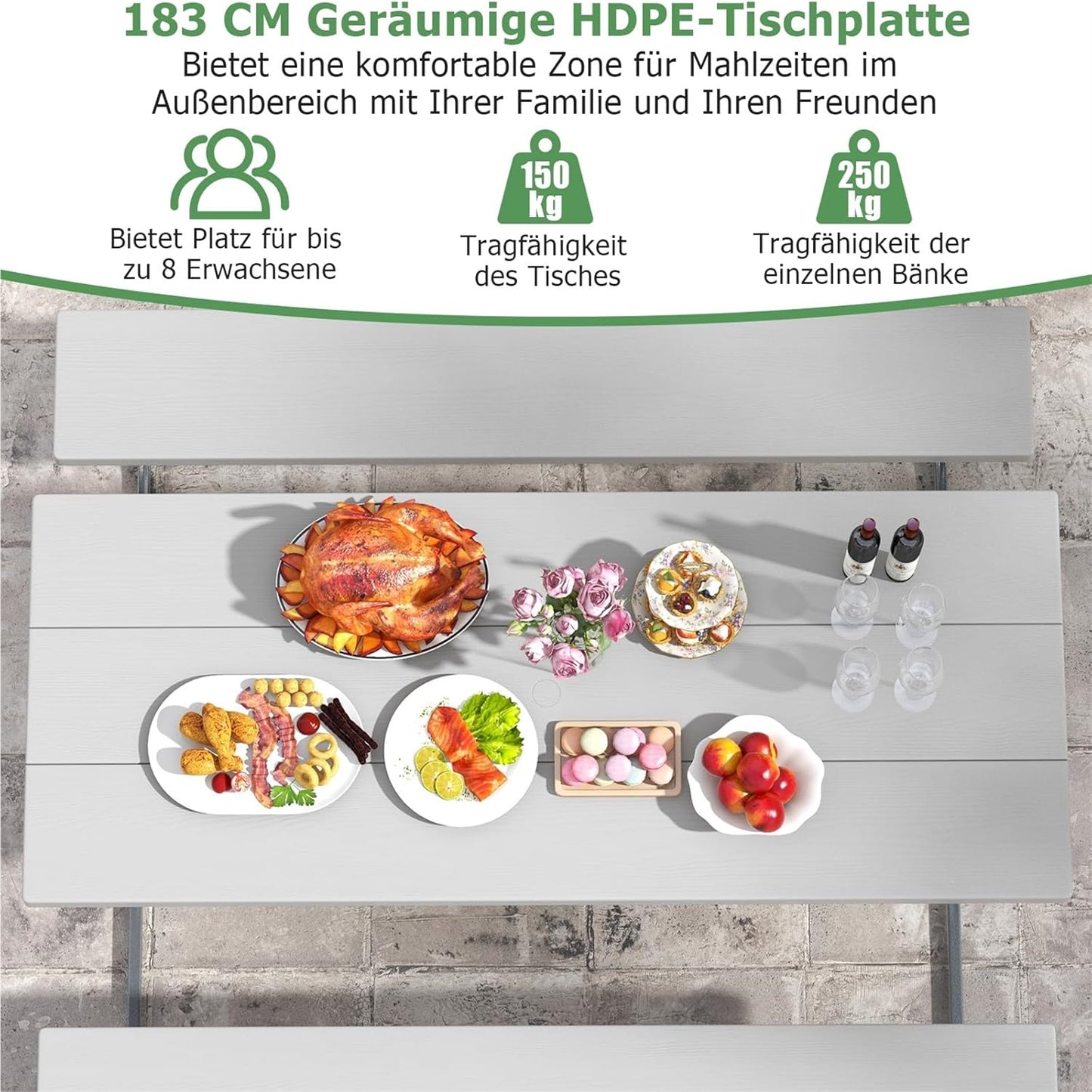 Biertafeltje – Biertafel – Bierbank – Biertafelset – Biertentset – Weerbestendig HDPE Tafelblad – Inclusief Parasolhouder – Voor 6-8 Personen – Grijs