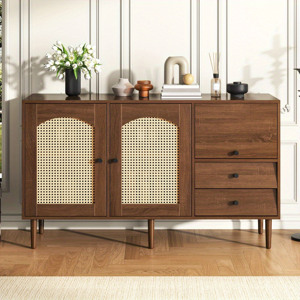 Dressoir – Sideboard – Opbergkast – Kast – Buffetkast – Landelijke Stijl – Rieten Deuren – Magnetische Sluiting – Verstelbare Legplanken – 130 x 75,5 x 40 cm – Stevige Constructie