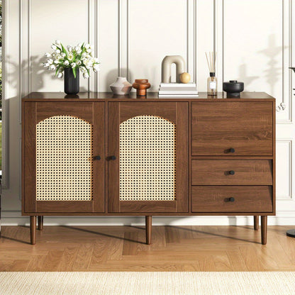 Dressoir – Sideboard – Opbergkast – Kast – Buffetkast – Landelijke Stijl – Rieten Deuren – Magnetische Sluiting – Verstelbare Legplanken – 130 x 75,5 x 40 cm – Stevige Constructie
