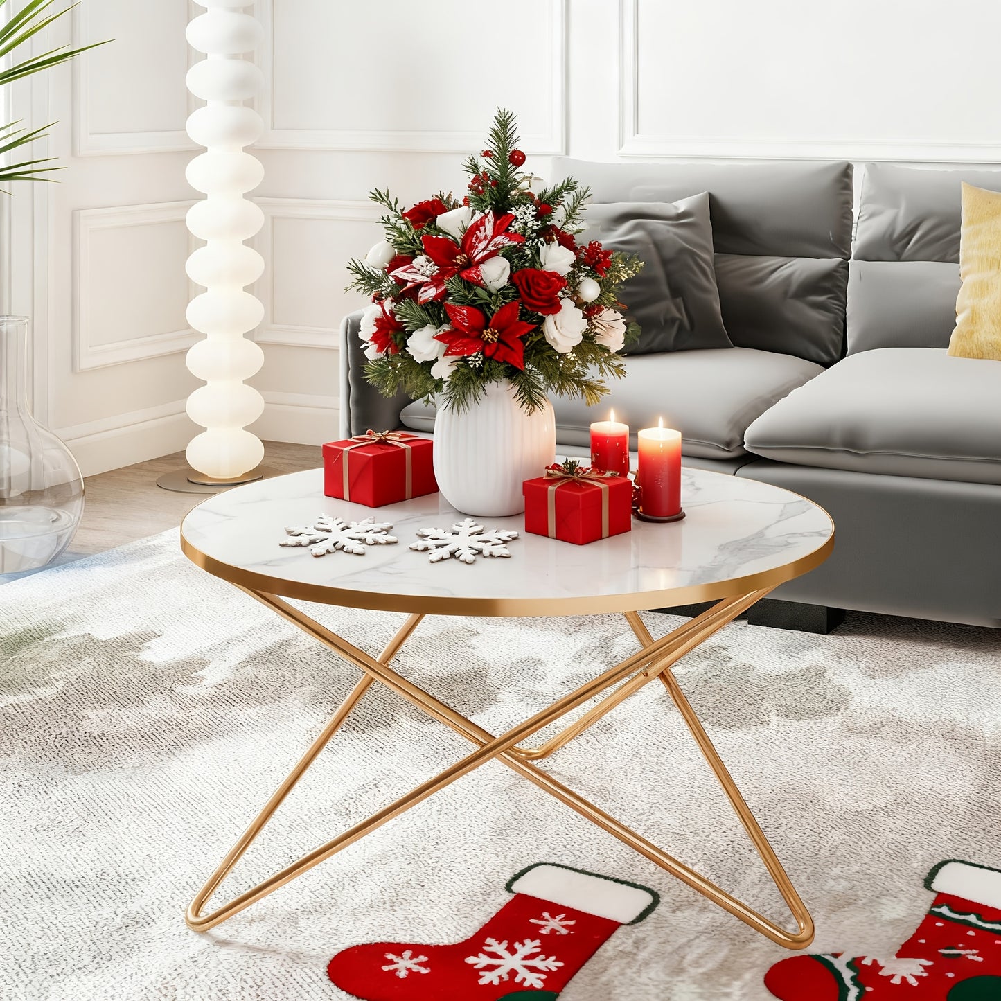 Ronde Bijzettafel – Side Table – Salontafel – Nachtkastje – Tafel – Marmerlook Met Gouden Aders – Stevige MDF Constructie – Compact Formaat Ø 89,99 cm x 34,04 cm