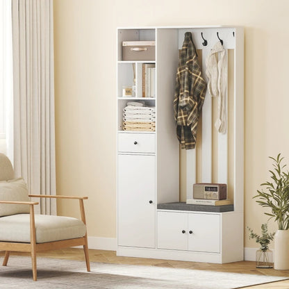 180cm Tall Entrance Hall Wardrobe Set | With Clothes Rack, Upholstered Shoe Bench, 4 Hooks, 4 Open Shelves, Shoe Rack, Chest Of Drawers, Hallway Furniture, Bench With Storage Space, White, European Style