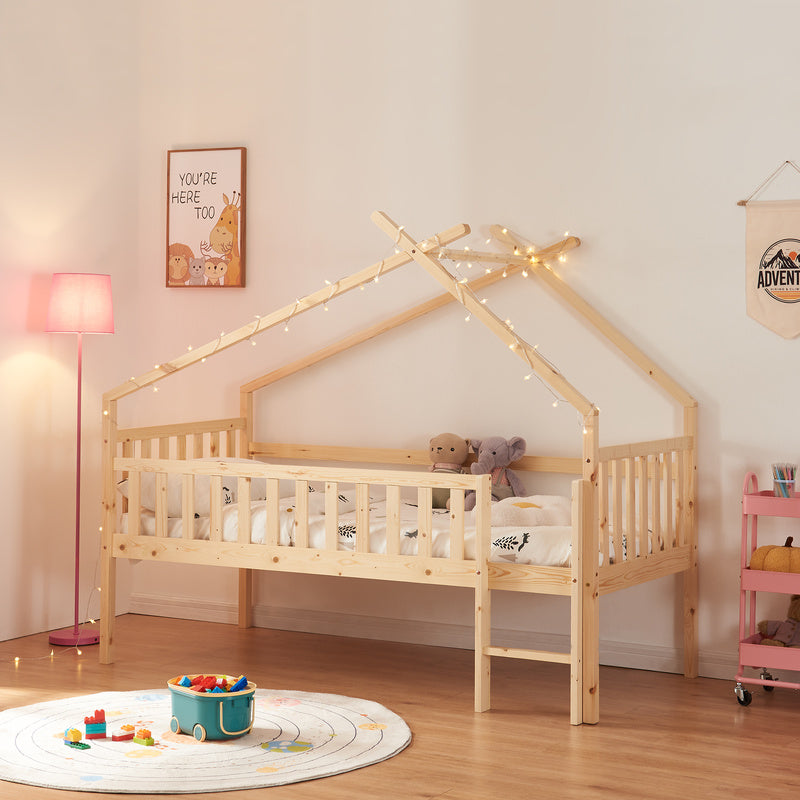 Bedframe Kinderbed Kinderbedje Huisbed Houten Bed – 90x200 cm – Valbeveiliging – Massief Dennenhout