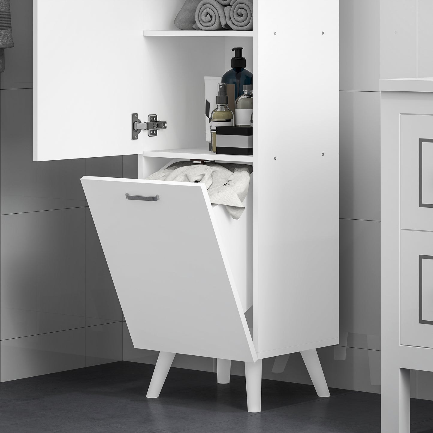 Badkamerkolomkast – Opbergkast – Kolomkast – Kast Met Deur – Stijlvolle Badkamerkast – Wit – 35x31,5x144 cm – Met Kantelbare Wasmand – Anti-Kantel Systeem
