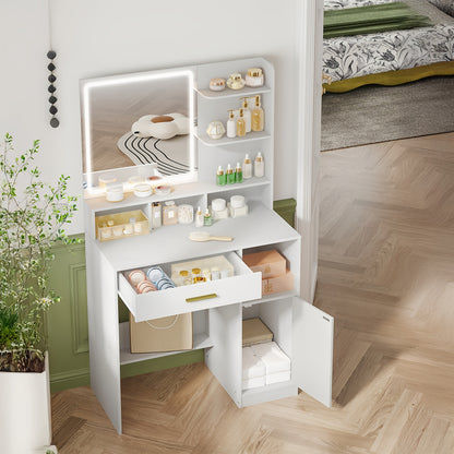 Kaptafel – Make-up Tafel – Opmmaaktafel – Vanity – Cosmetictafel – Met Spiegel en LED-verlichting – 3 Lade & 4 Vakken – 3 Lichtstanden – Wit 80x40x140 cm