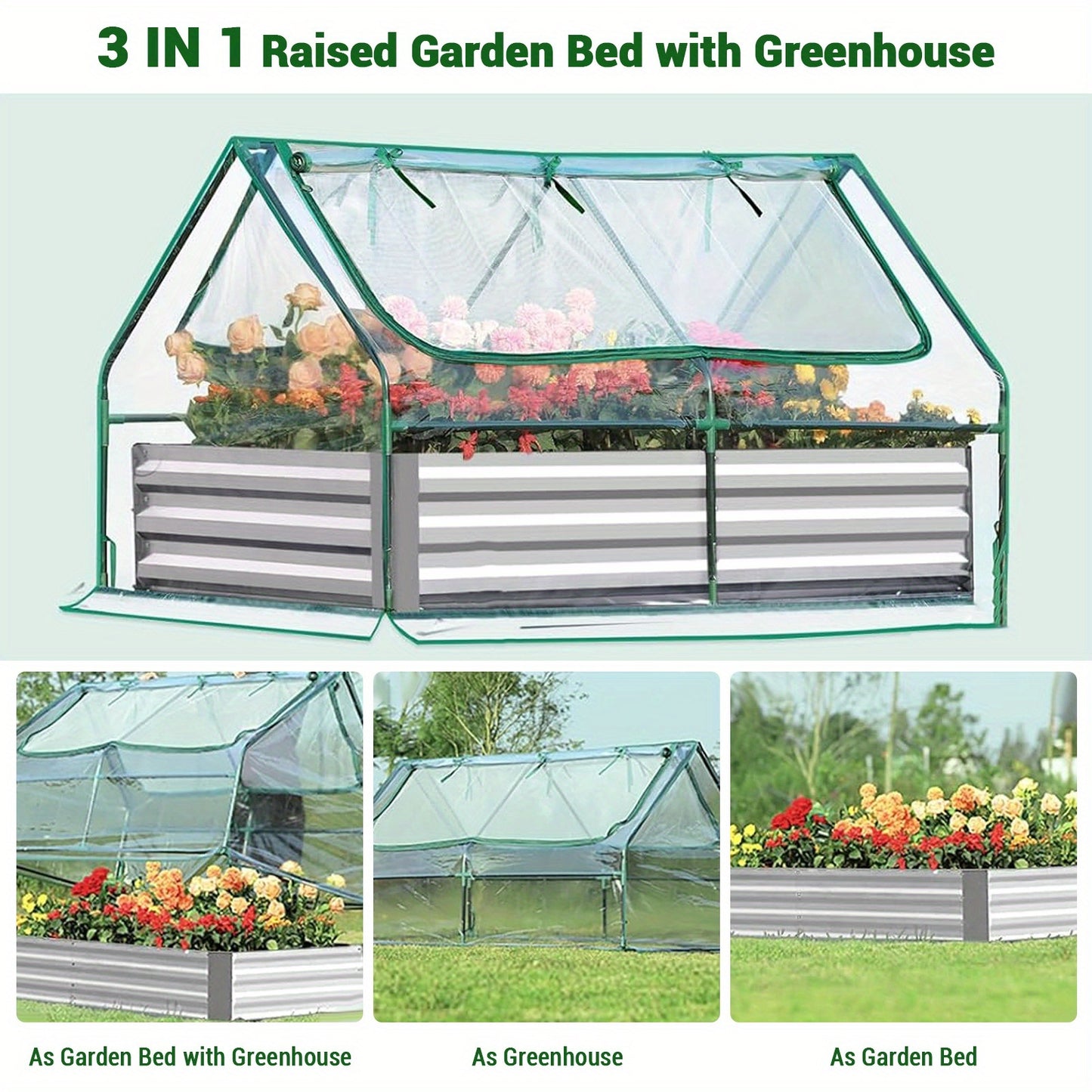 hoogtebaktuin – moestuinbak – kweekbak – plantenbak – kruidentuin – verzinkt metaal – geïntegreerde kas met oprolbare vensters – 180x90x90 cm