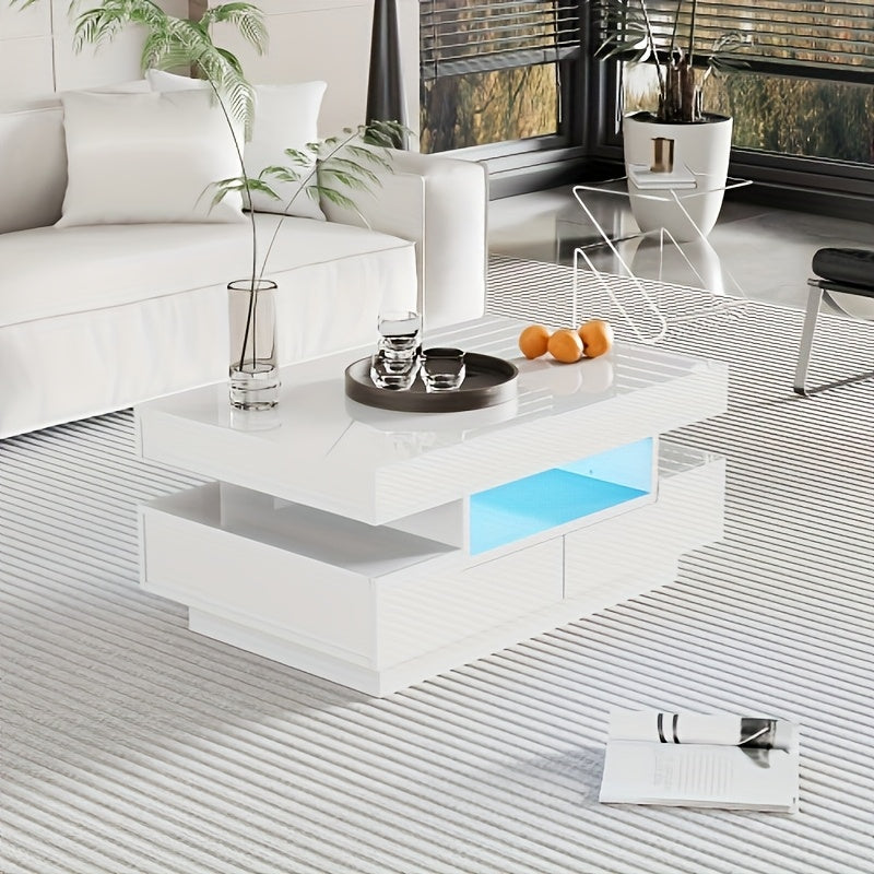 Witte Salontafel – Koffietafel – Tafel – Opbergtafel – Tafeltje – Hoogglans – Vier Lade Front & Achterzijde – Twee Niveaus Design