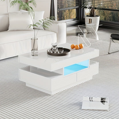 Witte Salontafel – Koffietafel – Tafel – Opbergtafel – Tafeltje – Hoogglans – Vier Lade Front & Achterzijde – Twee Niveaus Design