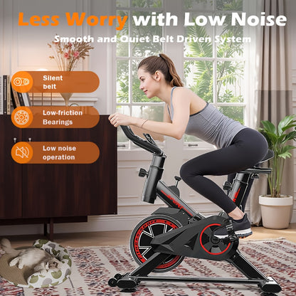 Indoor Fiets – Hometrainer – Fietstrainer – Fitnessfiets – Cardio Trainer – Verstelbare Weerstand – Stevig IJzeren Frame – Compact Design – Zwart/Rood